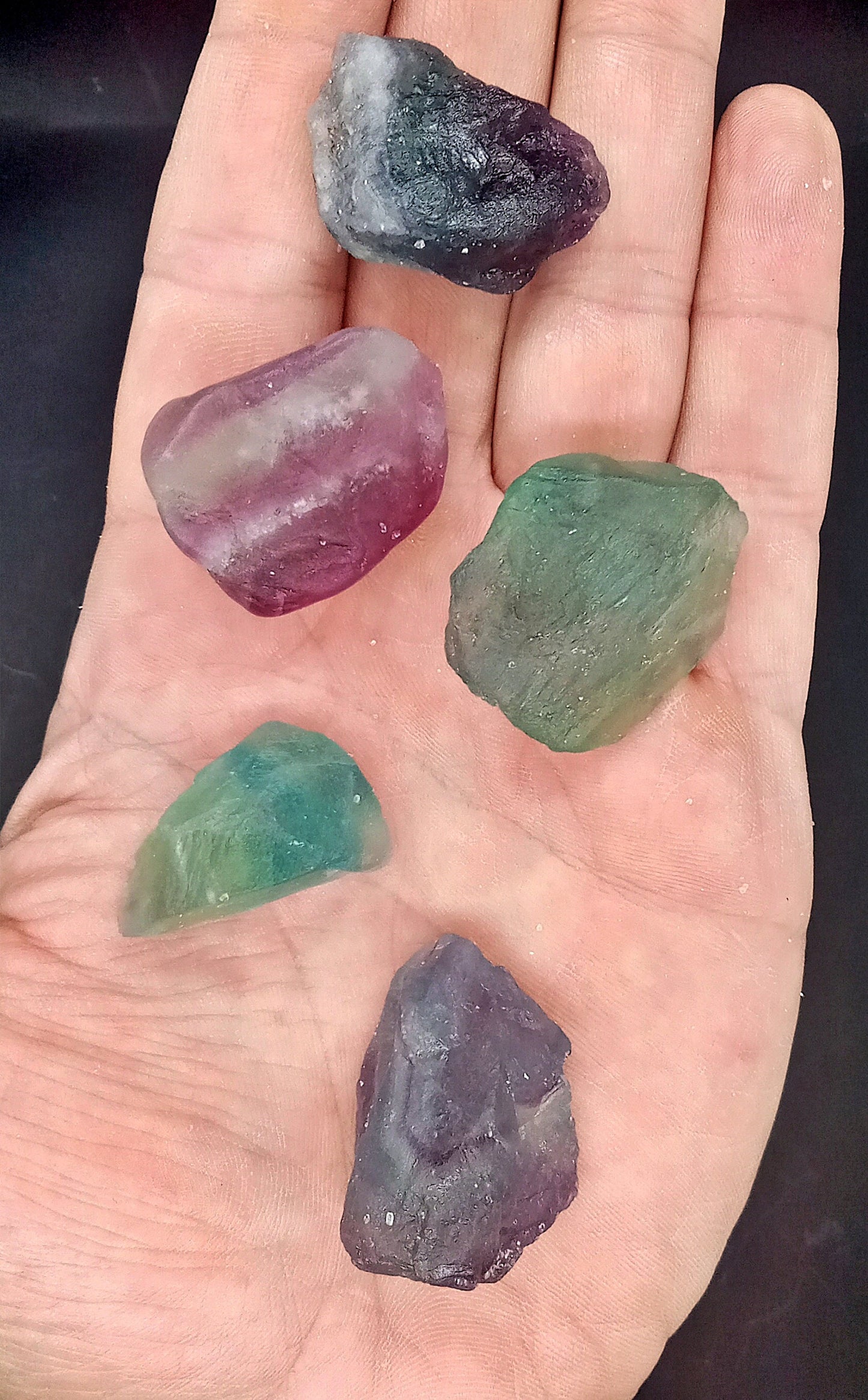 AA-Grade Rainbow Fluorite Chunks! Large AA-Grade Rainbow Fluorite crystals – all over one (1) ounce! Natural, High Quality, raw Fluorite!