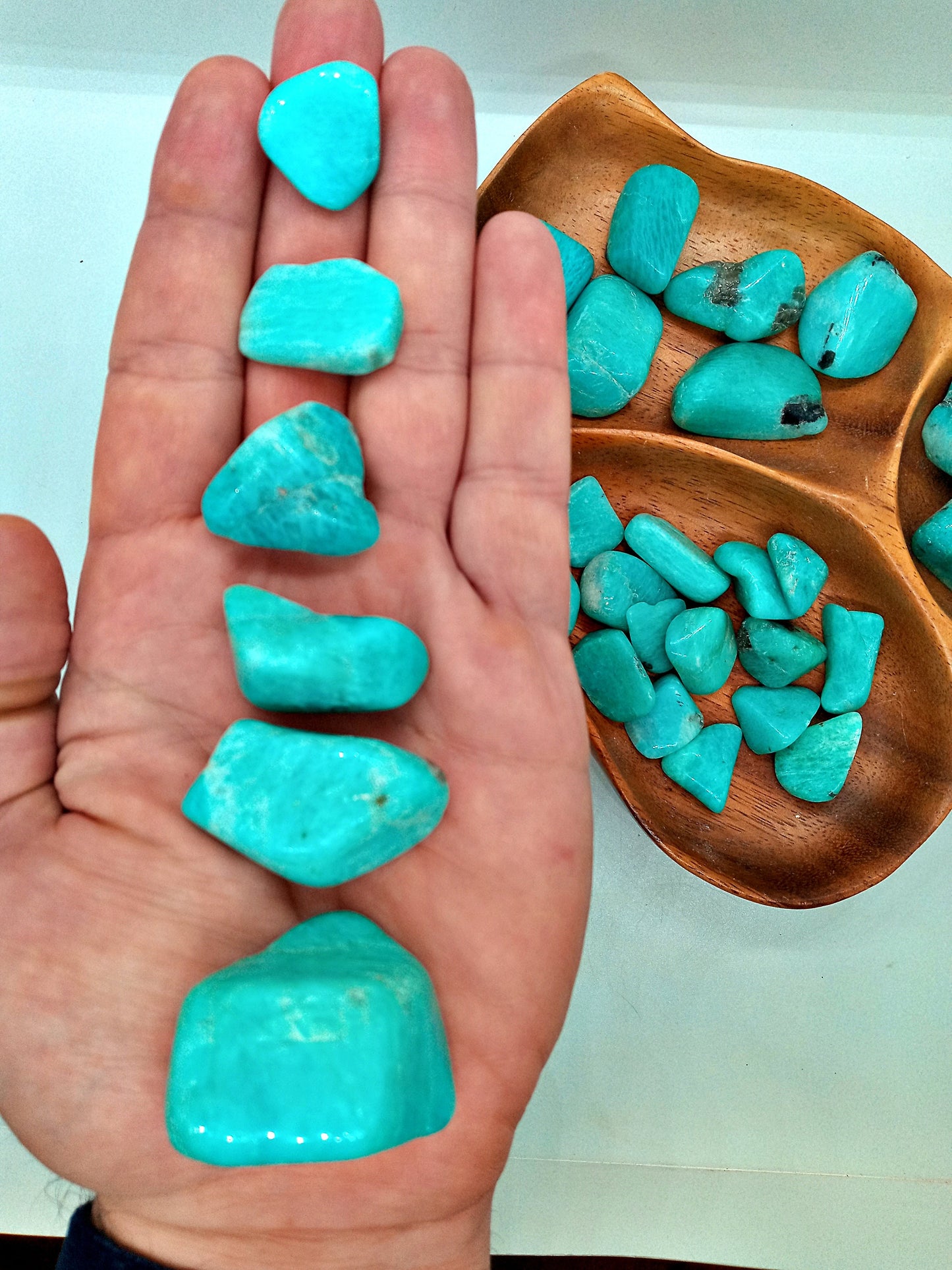XQ Amazonite Crystals!  Choose from seven (7) sizes of Tumbled Extra-High-Quality, all-natural, polished Amazonite stones and crystals!