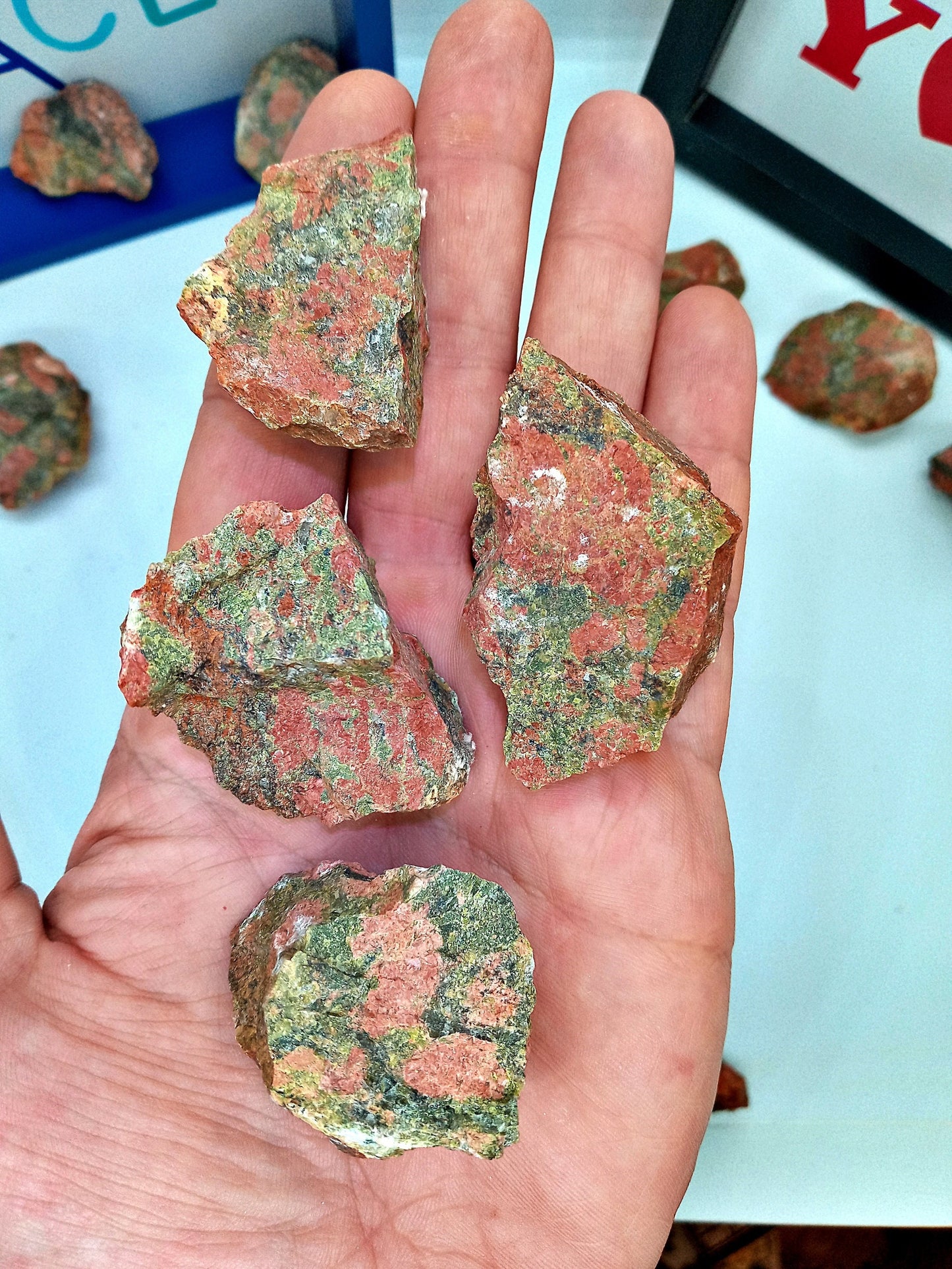 Unakite Jasper Crystals! Choose from two (2) sizes of quality, all-natural, raw Quality rough Unakite stones! Natural Epidote crystals!