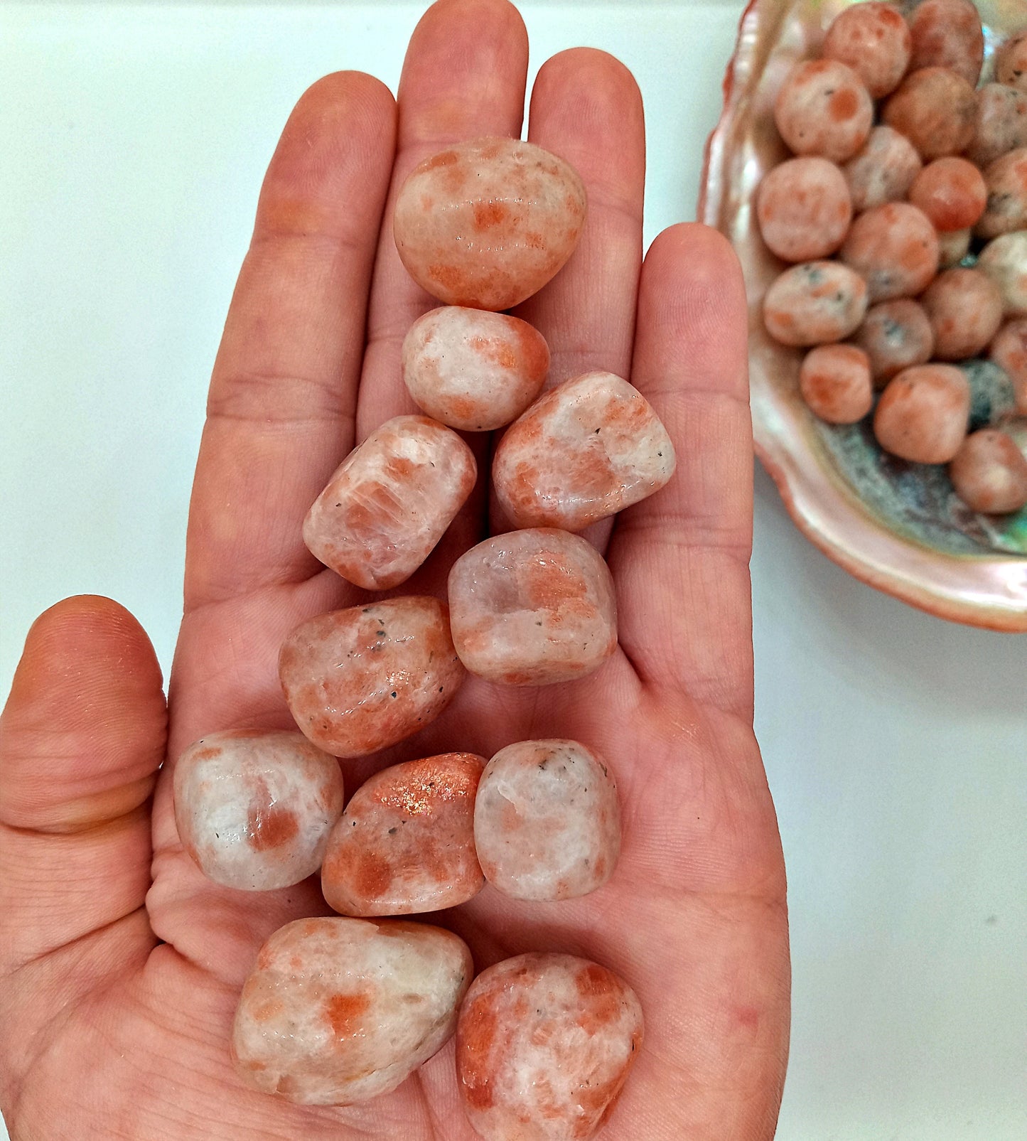 A-Grade Sunstone Crystals!  A-Grade, all natural, tumbled High Quality Sunstone crystals and stones!   Premium Grade polished Sunstone!