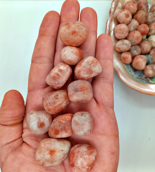 A-Grade Sunstone Crystals!  A-Grade, all natural, tumbled High Quality Sunstone crystals and stones!   Premium Grade polished Sunstone!