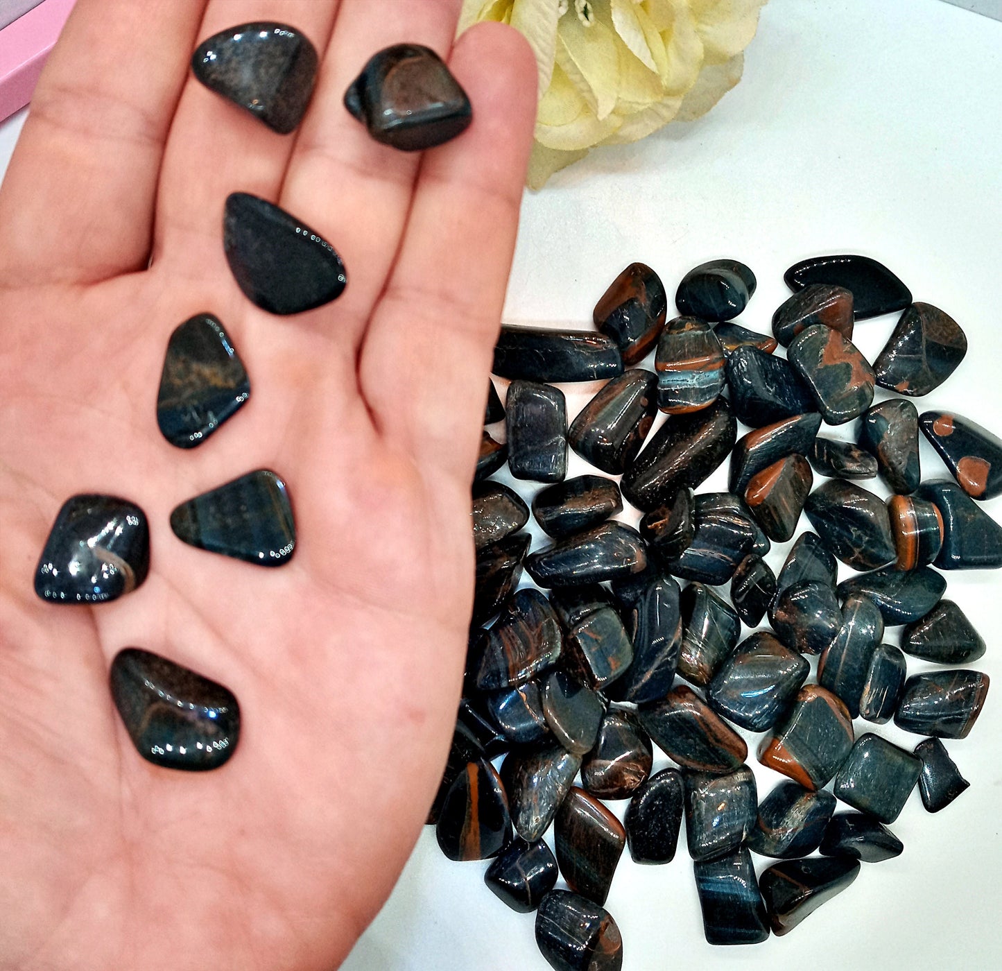 Blue Tiger Eye Crystals!  Tumbled Hawks Eye stones. Polished quality Falcons Eye crystals!  Blue Tigers Eye pocket stones.