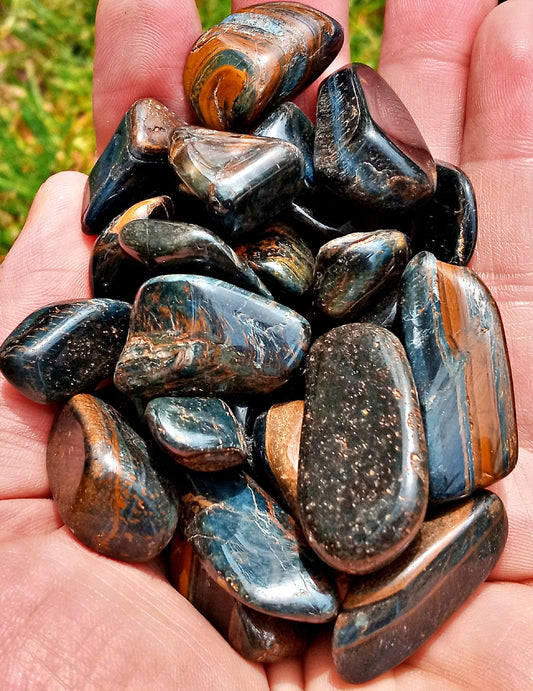 Bulk Blue Tiger Eye!  Choose how Many Tumbled Hawks Eye stones. Polished quality Falcons Eye crystals!  Blue Tigers Eye pocket stones.