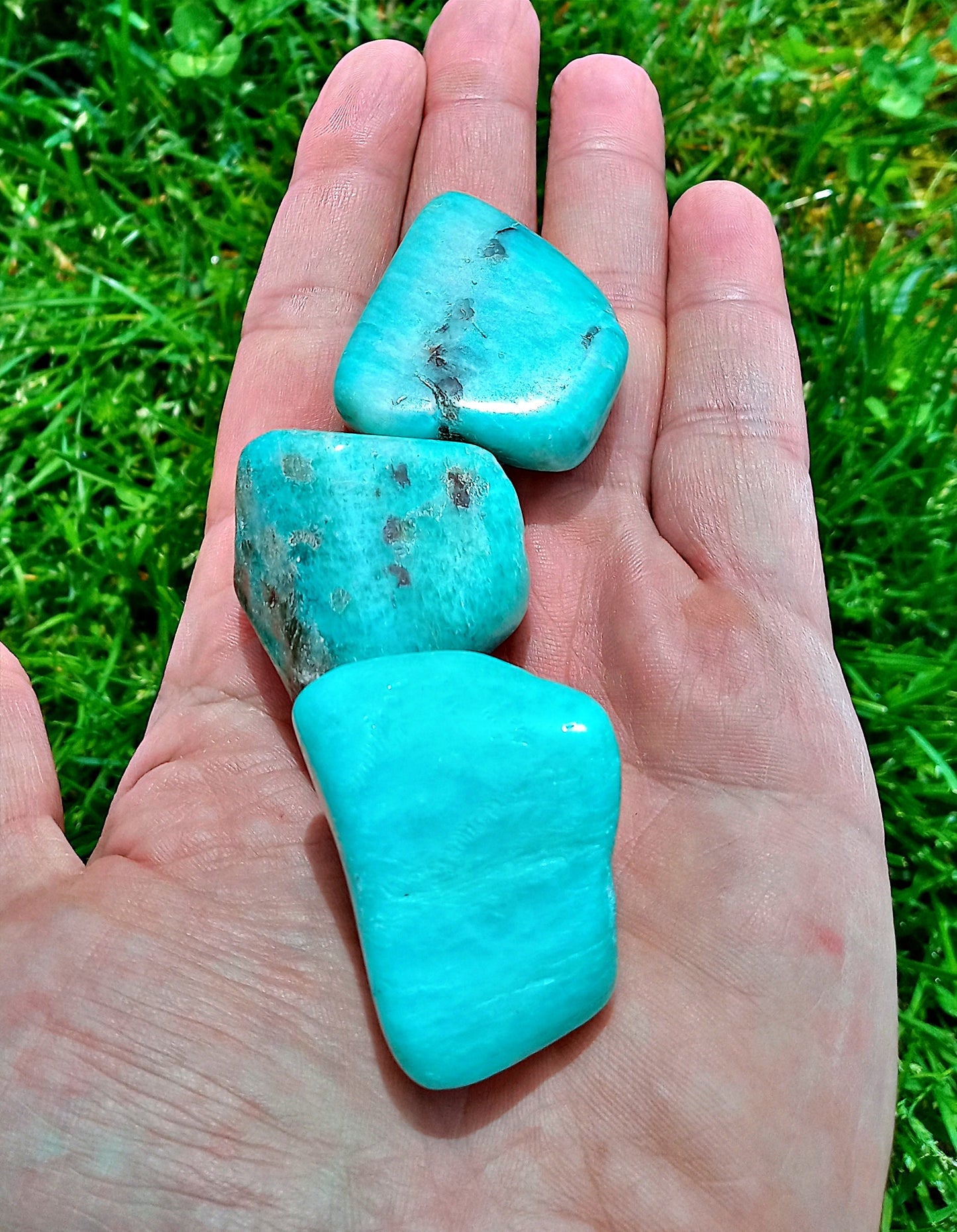 XQ Amazonite Crystals!  Choose from seven (7) sizes of Tumbled Extra-High-Quality, all-natural, polished Amazonite stones and crystals!