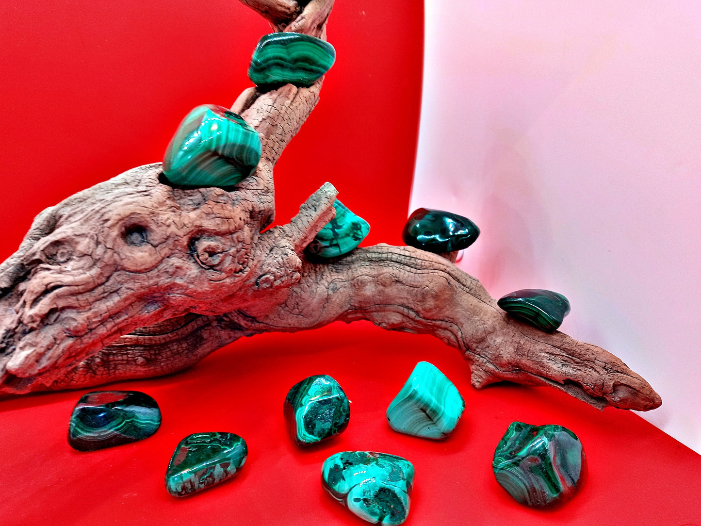 XQ Malachite!  Choose from five (5) sizes of AAA-Grade, natural, tumbled Extra High-Quality Crystals.   Premium Polished pocket stones.
