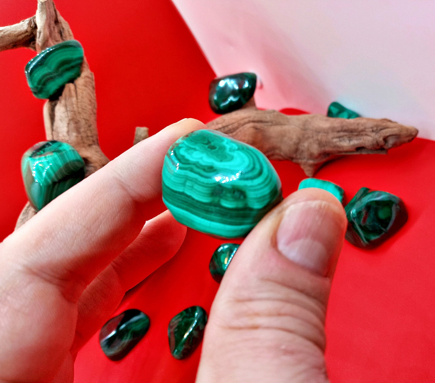 XQ Malachite!  Choose from five (5) sizes of AAA-Grade, natural, tumbled Extra High-Quality Crystals.   Premium Polished pocket stones.