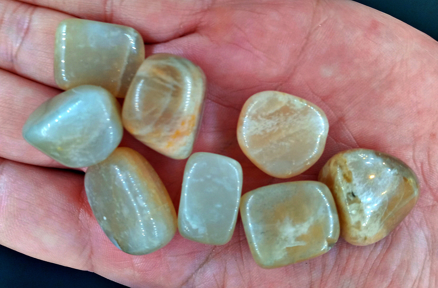 A-Grade Moonstone Crystals!  A-Grade, all natural, tumbled High Quality Moonstone crystals and stones!   Premium Grade polished Moonstone!