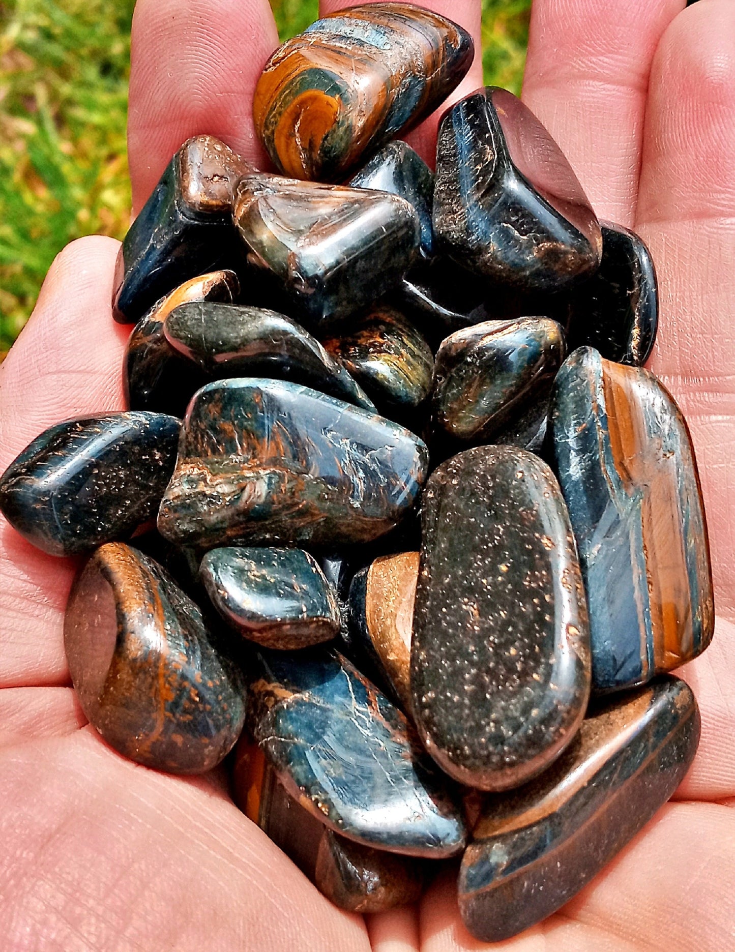 Blue Tiger Eye Crystals!  Tumbled Hawks Eye stones. Polished quality Falcons Eye crystals!  Blue Tigers Eye pocket stones.