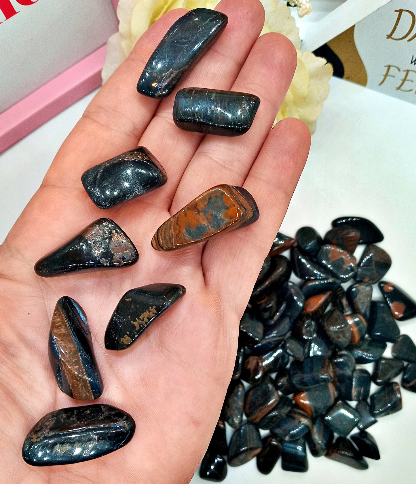 Blue Tiger Eye Crystals!  Tumbled Hawks Eye stones. Polished quality Falcons Eye crystals!  Blue Tigers Eye pocket stones.