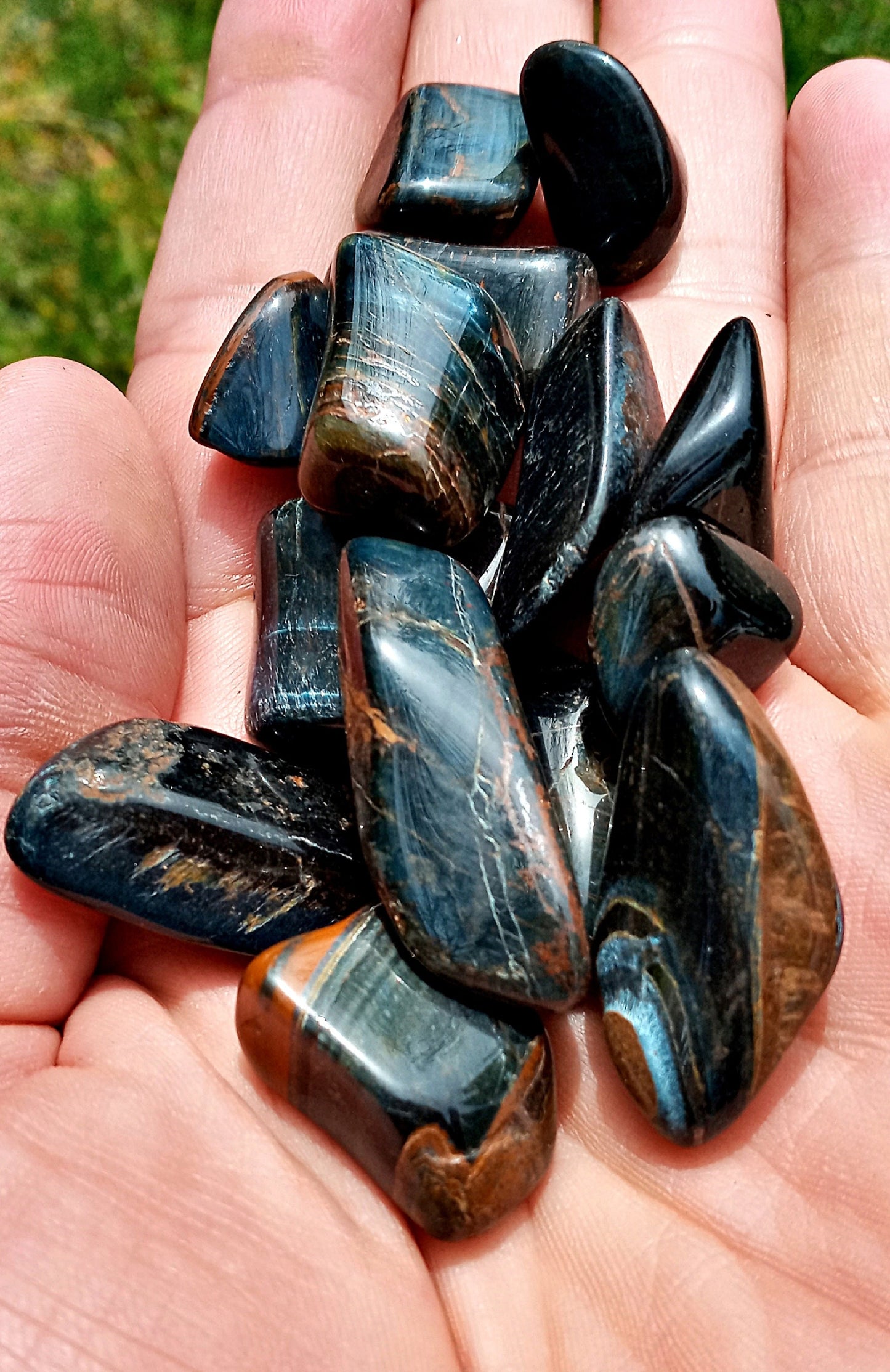 Bulk Blue Tiger Eye!  Choose how Many Tumbled Hawks Eye stones. Polished quality Falcons Eye crystals!  Blue Tigers Eye pocket stones.