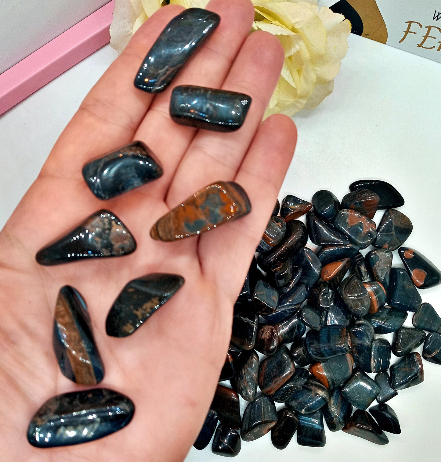 Bulk Blue Tiger Eye!  Choose how Many Tumbled Hawks Eye stones. Polished quality Falcons Eye crystals!  Blue Tigers Eye pocket stones.