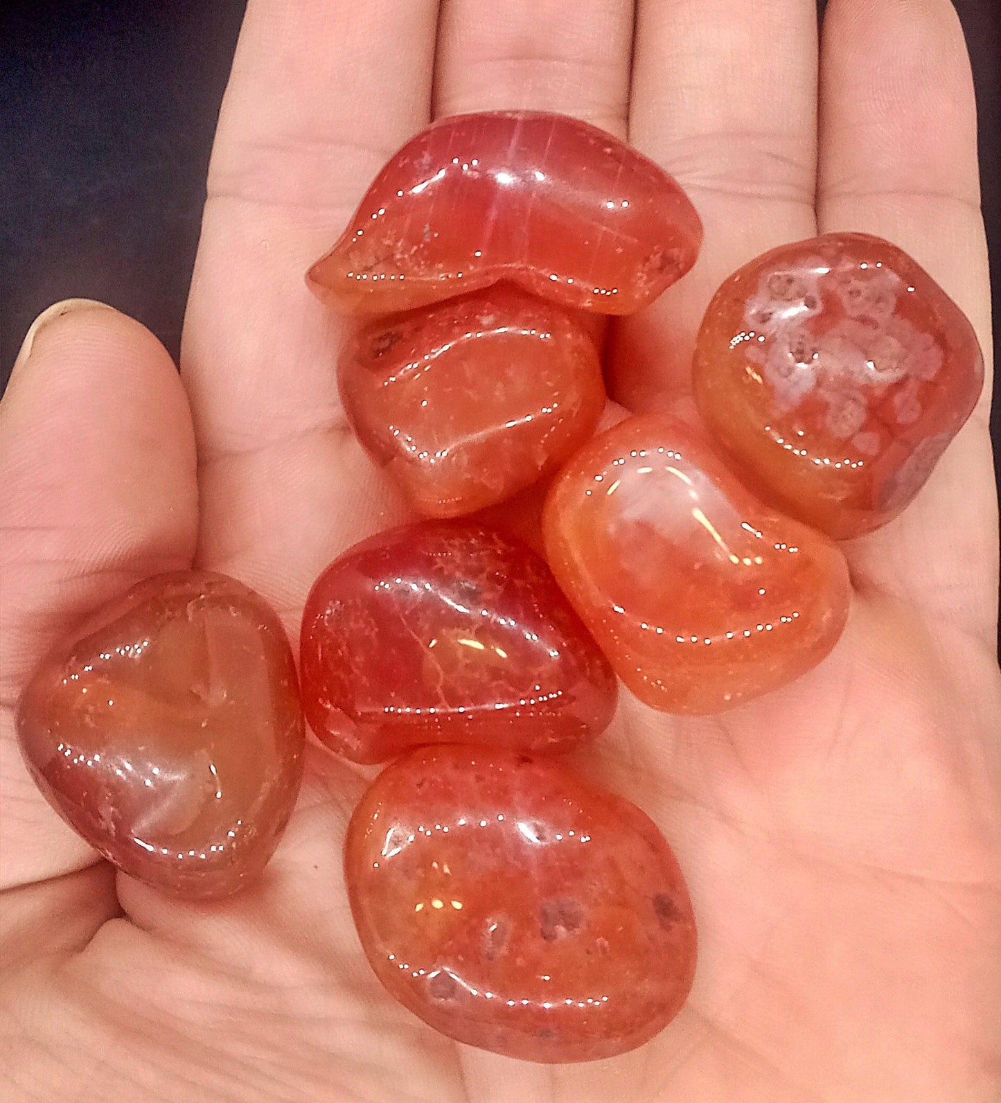 XQ Carnelian Crystals!  AAA-Grade, all natural, tumbled Extra High Quality Carnelian crystals.   Premium Carnelians!  Pocket stones.