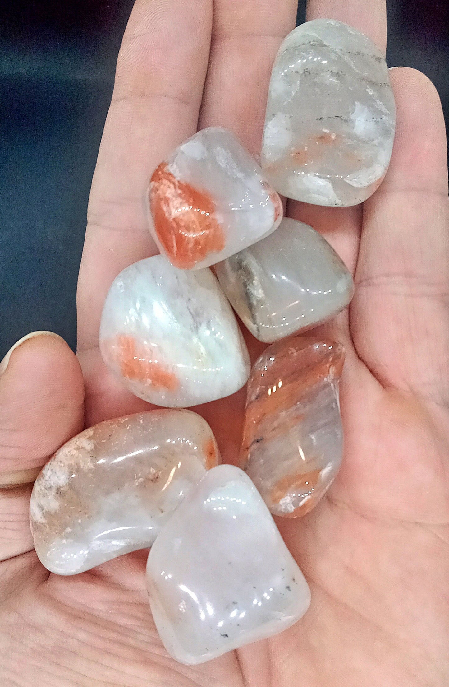 A-Grade Red and White Moonstone Crystals!  Choose from six (6) sizes of tumbled Red and White Moonstone! Premium grade polished stones!